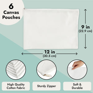 6 Pack Large Cosmetic Canvas Pouch With Zipper 9 x 12, Blank Bag Organizer Purse for Travel, Toiletry, DIY Crafts