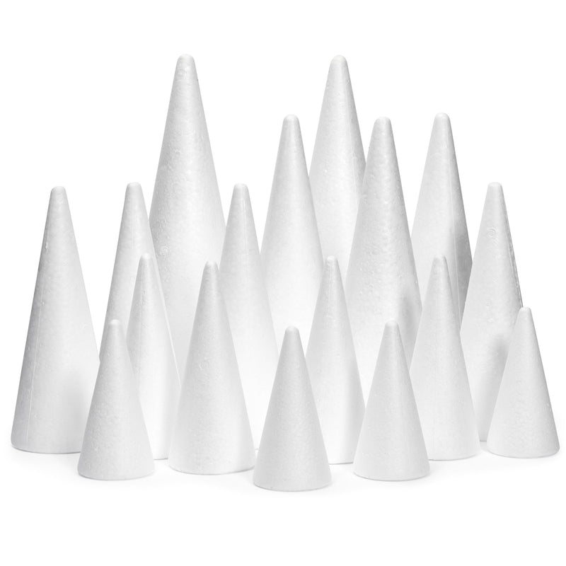 18 Pack Foam Cones for Crafts, 5 Assorted Sizes for Trees, Holiday Decorations, Handmade Gnomes (White, 4,6,8,10,12")