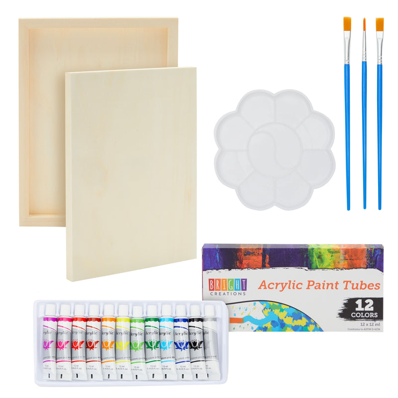 18 Pcs Set Canvas Painting Supplies Kit with 2 Wood Canvas Panel Art Boards 9x12 in, 12 Acrylic Paint Tubes, 3 Brushes and 1 Palette