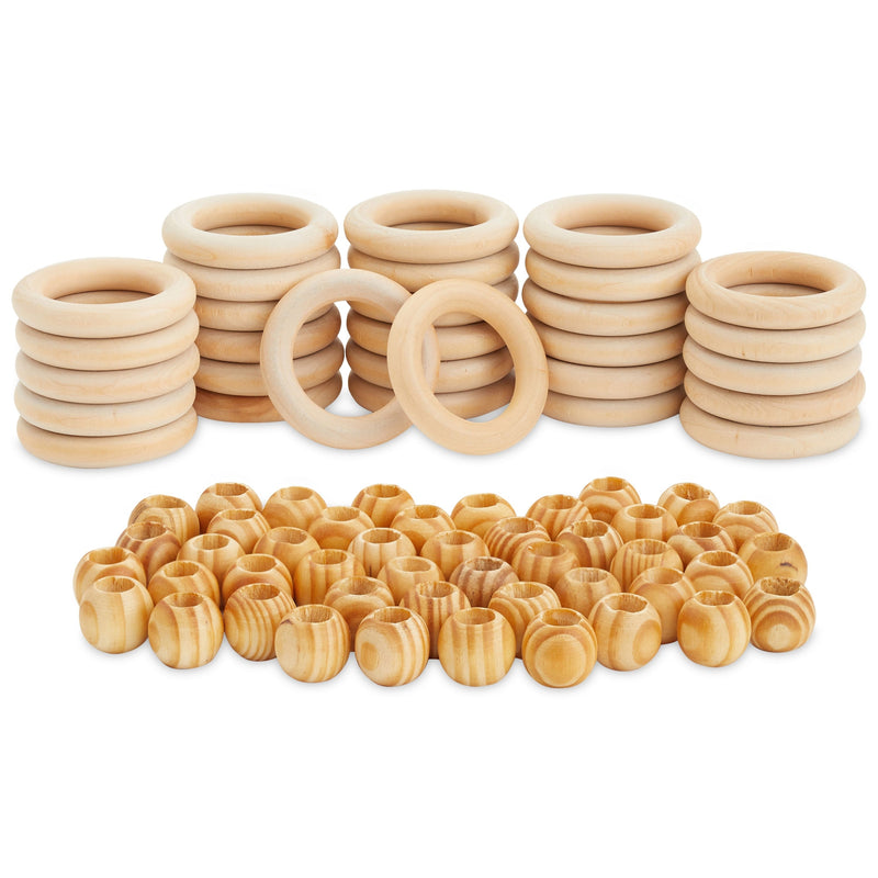 Natural Unfinished Wood Beads and Wooden Rings for Macrame, DIY Crafts (80 Pieces)