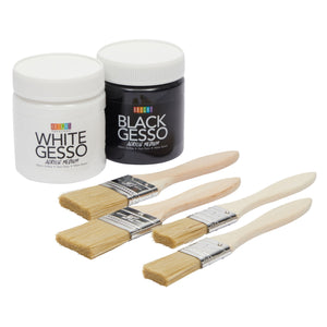 2 Pack White and Black Gesso for Acrylic Painting with 4 Paint Brushes (250ml Per Bottle, 3 x 4 In)