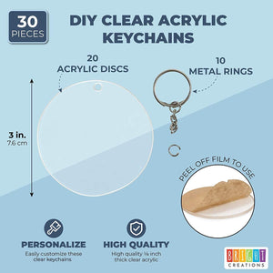 20-Pack 3-Inch Clear Round Acrylic Keychain Blanks, 1/8-Inch Thick Plastic Circles with 10 Metal Chains, Rings, and Clasps for Custom Keychains, Christmas Tree Ornaments, Crafting and Art Supplies