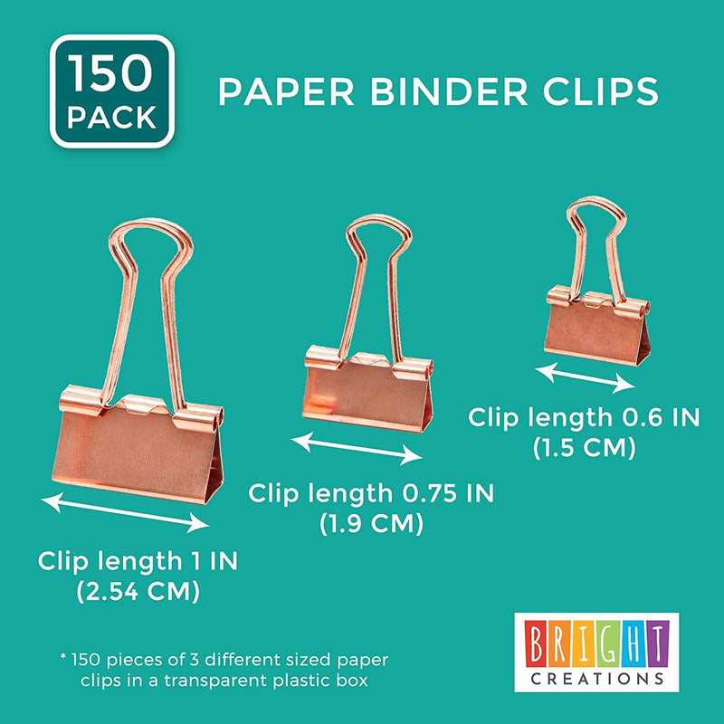 150 Pack 3 Sizes Rose Gold Binder Clips Paper Clamps Assorted Size Small, Medium, Large File Clips for Office School Supplies