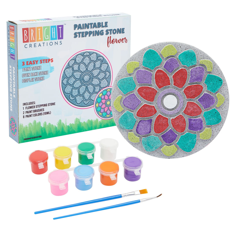 11-Piece 10-Inch Paint-Your-Own Flower Stepping Stone Kit with 1 Flower Stone, 8 Paint Pots with 10ml Acrylic Paint Each, and 2 Paint Brushes for Yard Walkway Decorations