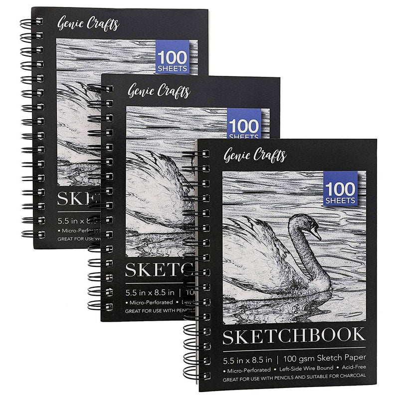 3-Pack Perforated Art Sketchbook for Drawing, 5.5x8.5 Inch Spiral Bound Notebook for Doodling, Drawing, Art Pads with Acid-Free Paper, 100 Ivory Color Sheets Each, 68lb/100gsm