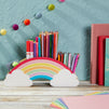 Rainbow Wooden Pen Holder for Desk, Cute School Supplies (12.6 x 5 x 2.3 In)