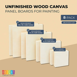 Set of 8 Unfinished Wood Canvas Boards for Painting, Wooden Panels for Crafts, DIY Signs in 4 Sizes