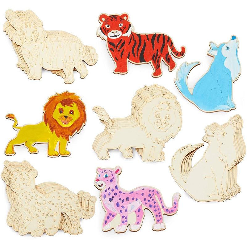 Unfinished Wood Cutouts for Crafts, Tiger, Lion, Wolf, Leopard (24 Pack)