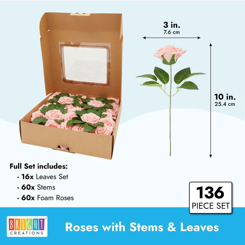 136-Piece Artificial Flowers Crafting Kit with 60 3-Inch Foam Roses, 60 Stems, and 16 Plastic Leaf Bundles for Table Centerpieces, Faux Floral Arrangements, and Fake Bouquets (Peach)